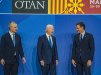 Secretary General of NATO, Jens Stoltenberg, left, the president of the United States of America, Joe Biden, center, and the President of Sp...