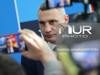 Vitali Klitschko talks to the media during the NATO Summit in Madrid, Spain on June 29, 2022. (