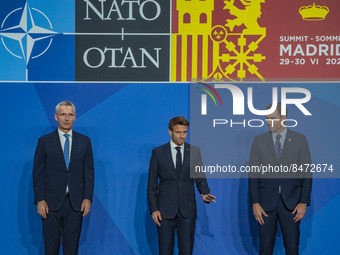 Secretary General of NATO, Jens Stoltenberg, left, the President of France, Emmanuel Macron, center, and the president of Spain, Pedro Sanch...