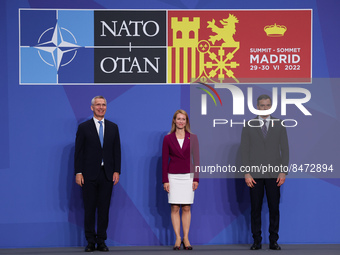 NATO Secretary General Jens Stoltenberg, Prime Minister of Estonia Kaja Kallas and Prime Minister of Spain Pedro Sanchez during the welcome...