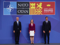 NATO Secretary General Jens Stoltenberg, Prime Minister of Estonia Kaja Kallas and Prime Minister of Spain Pedro Sanchez during the welcome...