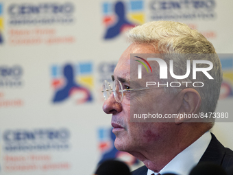 Colombia's former president Alvaro Uribe Velez (2002-2010) speaks during a press conference after meeting with Colombia's president-elect Gu...
