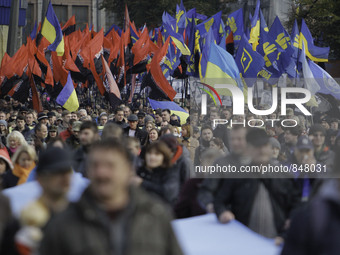 Activists and supporters of the Right Sector political party attend a rally to celebrate the 73st anniversary of the Ukrainian Insurgent Arm...