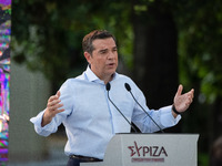 Alexis Tsipras is giving a speech about the program of SYRIZA for Housing Policy in Athens, Greece on July 5, 2022. (