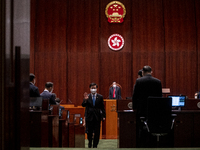 Hong Kong Chief Executive Speaking John Lee leaving the Chamber Legislative Council after the Chief Executive Q&A section on July 6, 2022 in...