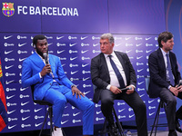 Joan Laporta, Frank Kessie and Mateu Alemany during the presentation of Frank Kessie as a new player of FC Barcelona, in Barcelona, on 06th...