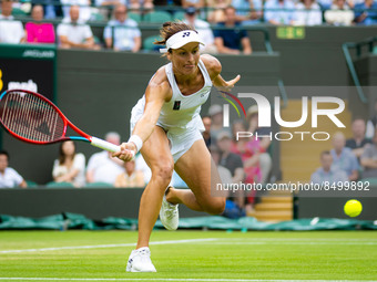 Tatjana Maria of Germany in action against Jule Niemeier of Germany during the quarter-final of the 2022 Wimbledon Championships, Grand Slam...