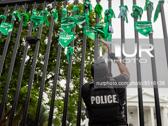 A Secret Service police officer removes bras and scarves from the White House fence following a civil disobedience action for reproductive r...