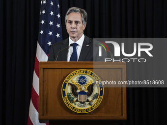 US Secretary of State Antony Blinken speaks at a press conference during his official visit to Bangkok, Thailand, 10 July 2022. (