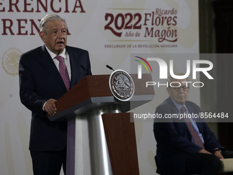 July 19, 2022, Mexico City, Mexico: Mexico’s Health Minister Jorge Alcocer is seen behind Mexico’s President Andres Manuel Lopez Obrador whi...