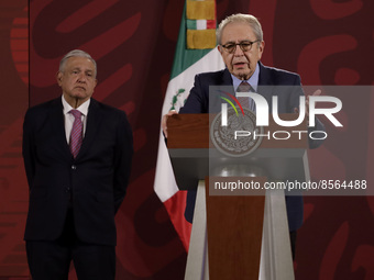 July 19, 2022, Mexico City, Mexico: Mexico’s President Andres Manuel Lopez Obrador is seen behind Mexico’s Health Minister Jorge Alcocer whi...