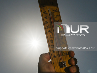 Thermometer displays a temperature over 40 ° C in the sun. 
On Friday, July 22, 2022, in Rzeszow, Podkarpackie Voivodeship, Poland. (