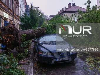 A huge tree was knocked down by a strong wind and rain, falling on a car parked on a street. Krakow, Poland on July 23, 2022. After a few ho...