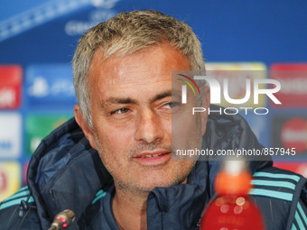 Chelsea manager Jose Mourinho attends a press conference at Olimpiyskiy Stadium in Kiev, Ukraine, Monday, Oct. 19, 2015. Chelsea and Dynamo...