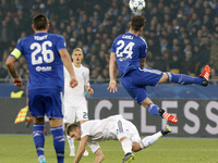 Gary Cahill (top) of Chelsea during the UEFA Champions League Group G soccer match between Dynamo Kiev and FC Chelsea at Olimpiyskiy stadium...