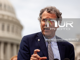 Senator Sherrod Brown (D-OH) speaks during a press conference condemning Republican Senators for voting against the Honoring Our PACT Act....