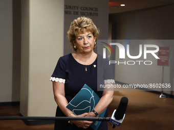 Amabassador Geraldine Bryrne Nason speaks to the press at the United Nations Headquarters on July 29, 2022 in New York City, USA. Delegates...