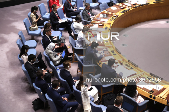 Ambassadors attend the Security Council at the United Nations Headquarters on July 29, 2022 in New York City, USA. Delegates cited several e...