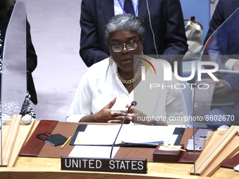 Linda Thomas-Greenfield, United States Ambassador speaks at the United Nations Headquarters on July 29, 2022 in New York City, USA. Delegate...