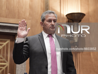 US Federal Bureau of Prisons Michael Carvajal rise his hand to swear before Senate Homeland Security and Governmental Affair Committee about...