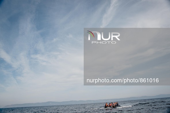 A migrant boat sails towards the shores of Lesbos, Greece from Turkey, on September 26, 2015. The shortest distance between the country and...
