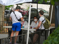 Tents are set up as healthcare workers with New York City Department of Health and Mental Hygiene work to register individuals for the monke...