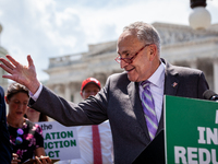 Senate Majority Leader Chuck Schumer (D-NY) gestures while speaking at a press conference where Democratic Senators demanded passage of the...