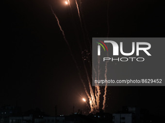 Rockets are launched from Gaza City, towards Israel on August 5, 2022. Palestinian militants fired rockets at Israel from the Gaza Strip thi...