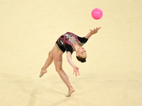 Elizabeth Popova of Wales with the ball during the Rhythmic Gymnastics Individual All-Around Final at the Utilita Arena during the Birmingha...