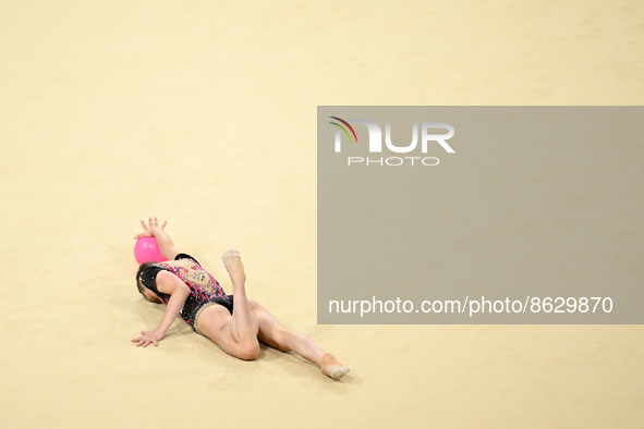 Maria Ekimova of England with the ball during the Rhythmic Gymnastics Individual All-Around Final at the Utilita Arena during the Birmingham...