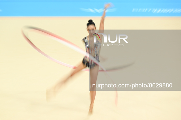 Paris Brooke Chin of New Zealand with the ribbon during the Rhythmic Gymnastics Individual All-Around Final at the Utilita Arena during the...