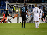 Lazio’s midfielder Antonio Candreva kicks gol 3 -0 during the Europe League football match S.S. Lazio vs Rosenborg  at the Olympic Stadium i...