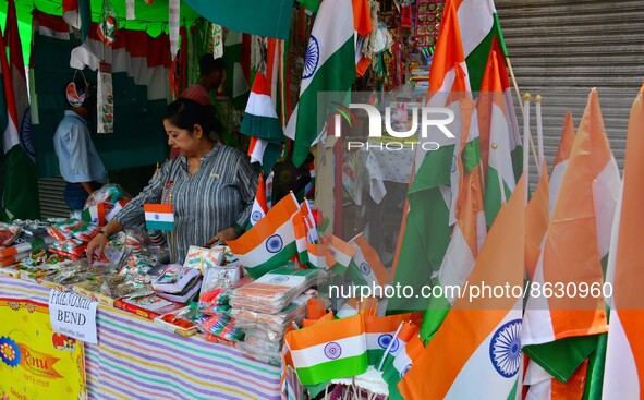 Tricolours on sale at a roadside shop ahead of the celebration of Independence Day at Silphukuri, in Guwahati, India on August 6,2022. 