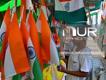 Tricolours on sale at a roadside shop ahead of the celebration of Independence Day at Silphukuri, in Guwahati, India on August 6,2022. (