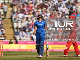 Smriti Mandhana of India looks to the sky during the T20 Cricket semi-final between England and India at Edgbaston during the Birmingham 202...