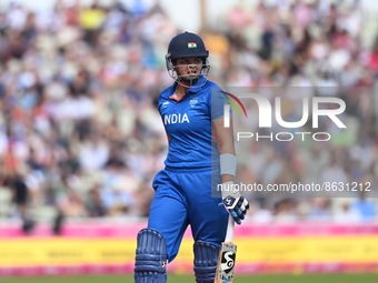 Shafali Verma of India is caught during the T20 Cricket semi-final between England and India at Edgbaston during the Birmingham 2022 Commonw...