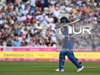 Smriti Mandhana of India is caught by Issy Wong of England during the T20 Cricket semi-final between England and India at Edgbaston during t...