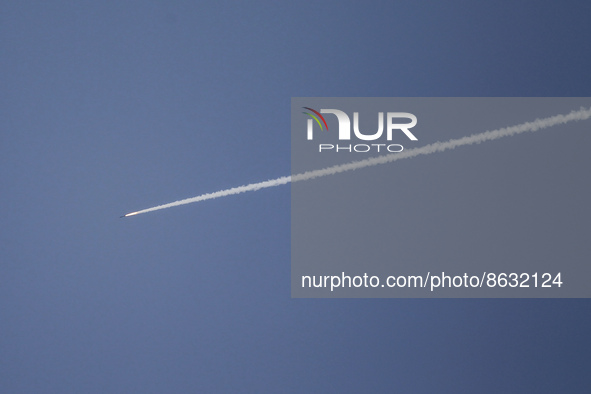 Rocket is seen in the sky fired toward the Israeli areas from Gaza Strip, on 06 August 2022. 