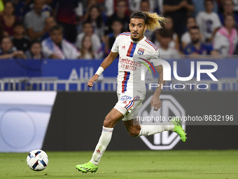Malo Gusto of Olympique Lyonnais runs with the ball during the Ligue 1 match between Olympique Lyonnais and AC Ajaccio at Groupama Stadium o...