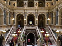 View of the main staircase of the building of the National Museum of Prague, neo-renaissance style and designed by the architect Josef Schul...