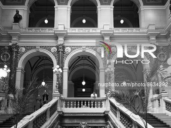 View of the main staircase of the building of the National Museum of Prague, neo-renaissance style and designed by the architect Josef Schul...