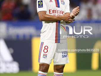 Houssem Aouar of Olympique Lyonnais during the Ligue 1 match between Olympique Lyonnais and AC Ajaccio at Groupama Stadium on August 5, 2022...