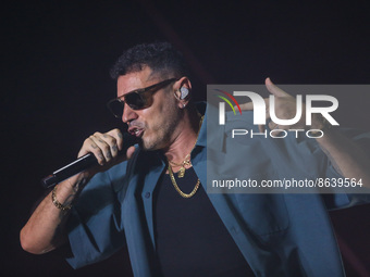 Italian rapper Marracash (Fabio Bartolo Rizzo) in concert on the stage for the Zoo Music Fest in Pescara. during the Italian singer Music Co...