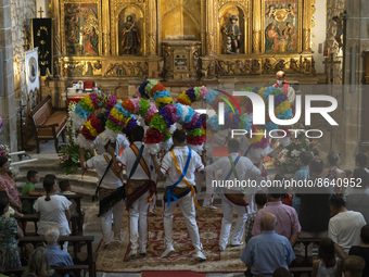 The dancers begin their journey from inside the church, during the festival of San Mames in Navajeda (Cantabria), in this festival the young...