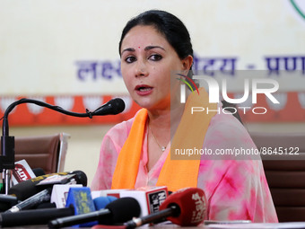 Bharatiya Janta Party MLA & former Princess Diya Kumari addresses a press conference at party office , in Jaipur , Rajasthan, India, Aug 09,...