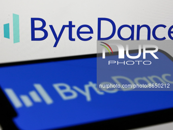 ByteDance logo displayed on a screen and ByteDance logo displayed on a phone screen are seen in this illustration photo taken in Krakow, Pol...