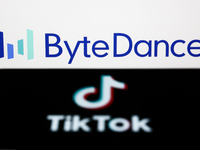 ByteDance logo displayed on a screen and TikTok logo displayed on a phone screen are seen in this illustration photo taken in Krakow, Poland...