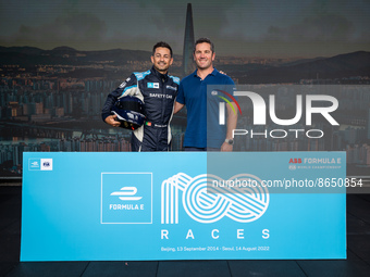 Celebration of the 100th race of ABB Formula E World Championship with Bruno Correia (FIA) and Lionel Berard (FIA) during the 2022 Seoul ePr...