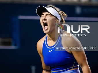 Bianca Andreescu of Canada in action against Daria Kasatkina of Russia during the first round of the 2022 National Bank Open WTA 1000 tennis...