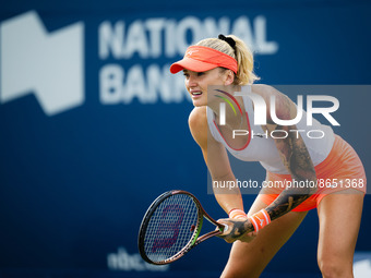 Tereza Martincova of the Czech Republic in action against Belinda Bencic of Switzerland during the first round of the 2022 National Bank Ope...